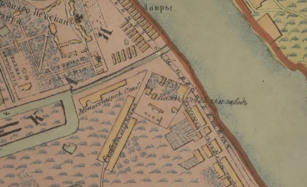 Карта 1871 г. На ней отмечено местоположение Казенного стеклянного завода. 
Источник: https://retromap.ru/
