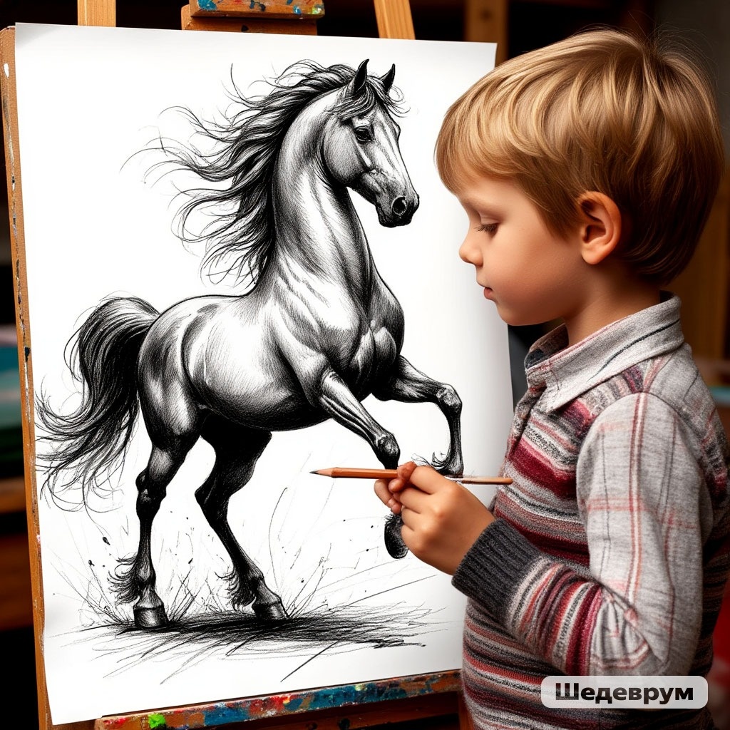 Однажды в детском саду воспитательница попросила детей нарисовать своих любимых животных.   

Маша нарисовала зайчика, потому что он был маленький и пушистый.  

Коля нарисовал слона, потому что у него был длинный хобот.  

А Вовочка нарисовал лошадь, потому что она была большая и красивая.  

Воспитательница посмотрела на рисунки и сказала:  

— Вовочка, ты нарисовал лошадь?  

Вовочка ответил:  

— Да, а что, разве я не могу нарисовать лошадь?  

Тогда воспитательница сказала:  

— Знаешь, Вовочка, я не думаю, что ты можешь нарисовать лошадь, потому что ты просто не знаешь, как это делается.  

Но Вовочка возразил:  

— Нет, я знаю, как рисовать лошадь. Я просто не знаю, как нарисовать лошадь, которая не умеет танцевать.