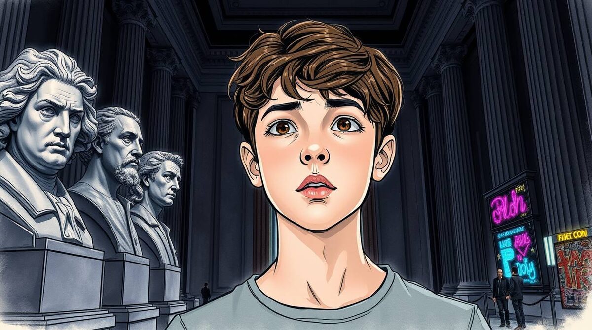 подросток стоит ночью в огромном тёмном классическом музее, вокруг него на высоких постаментах гигантские мраморные бюсты