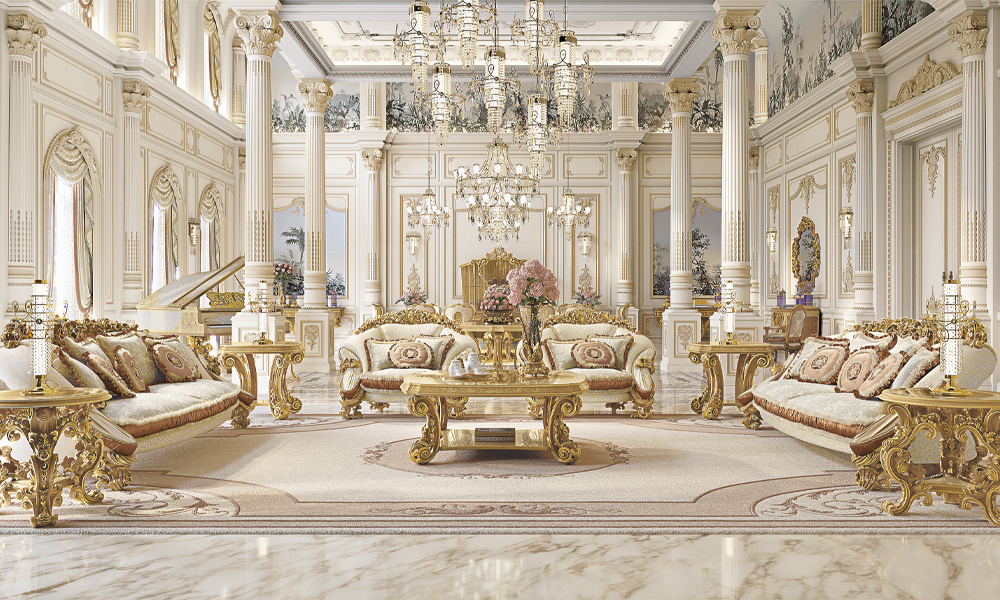 Парадная гостиная в стиле Riva Mobili D’Arte: масштабная архитектура, симметрия, золочёная мебель и ручной декор, создающие атмосферу дворцовой роскоши.