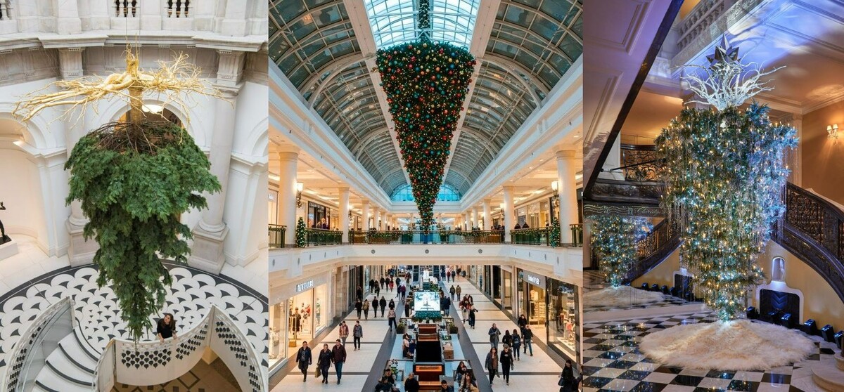    Перевёрнутые новогодние ёлки в общественных пространствах. Источники изображений: ru.pinterest.com, maxchristmas-store.ru, star-tape.ru