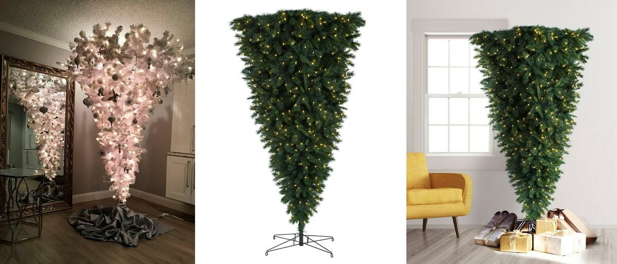    Обратные ёлки на подставке. Тут важно красиво замаскировать подставку. Источники изображений: shfoto.ru, ru.pinterest.com