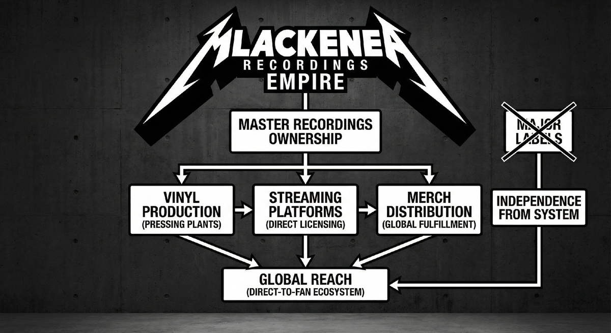 Blackened Recordings: Metallica's vertical integration empire showing total control from master recordings to global distribution
Это визуализация того, как Metallica построила вертикальную интеграцию через Blackened Recordings. Схема показывает:

Центр — Master Recordings (все альбомы, права, контроль)
Второй слой — производство (винил, CD, цифровые версии)
Третий слой — каналы распространения (стриминг-платформы, физический мерч, прямые продажи)
Внешний слой — глобальный охват (независимость от Warner Music)

Молния (логотип Metallica) в центре символизирует силу и контроль — система работает на них, а не наоборот.

Чёрно-белый минимализм отсылает к их визуальному коду: никакой пышности, только структура и власть.