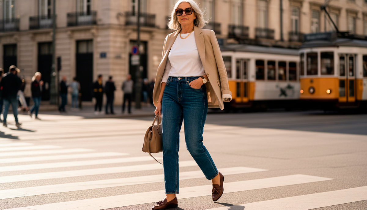 Качественные прямые джинсы темно-синего цвета — самая универсальная вещь. Они легко становятся частью "дорогого" кэжуал-образа в паре с простой футболкой и жакетом.