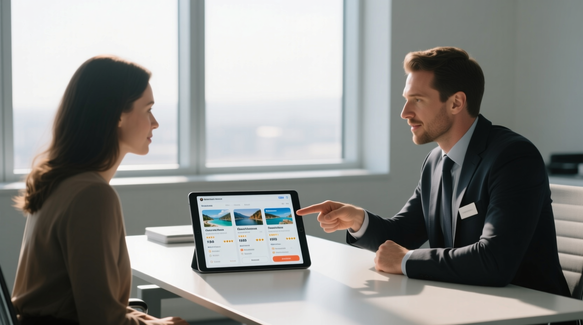 Консультация в турагентстве. Специалист сравнивает варианты от разных операторов, уточняя детали конкретного запроса клиента.