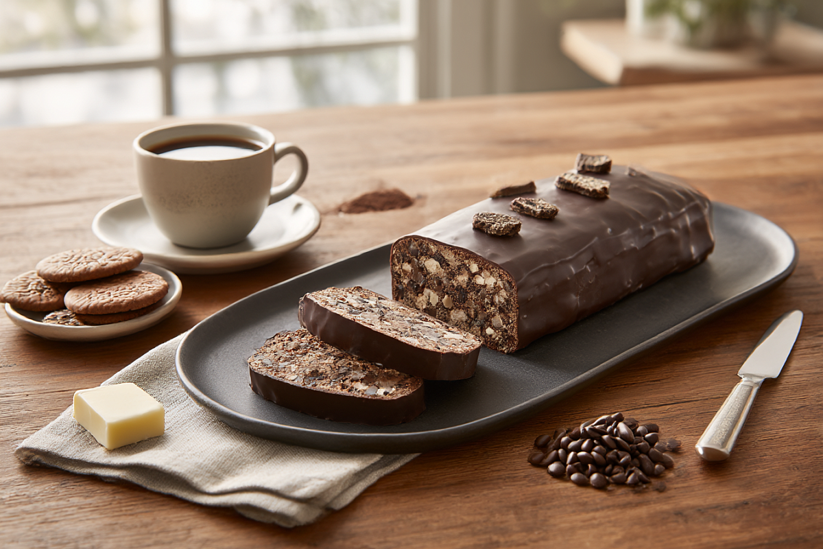    В этом десерте «эффект колбаски» делает не выпечка, а холод — масло и какао схватываются и скрепляют крошку печенья в плотный сладкий пласт.