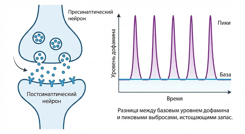Разница между базовым уровнем дофамина и пиковыми выбросами, истощающими запас
