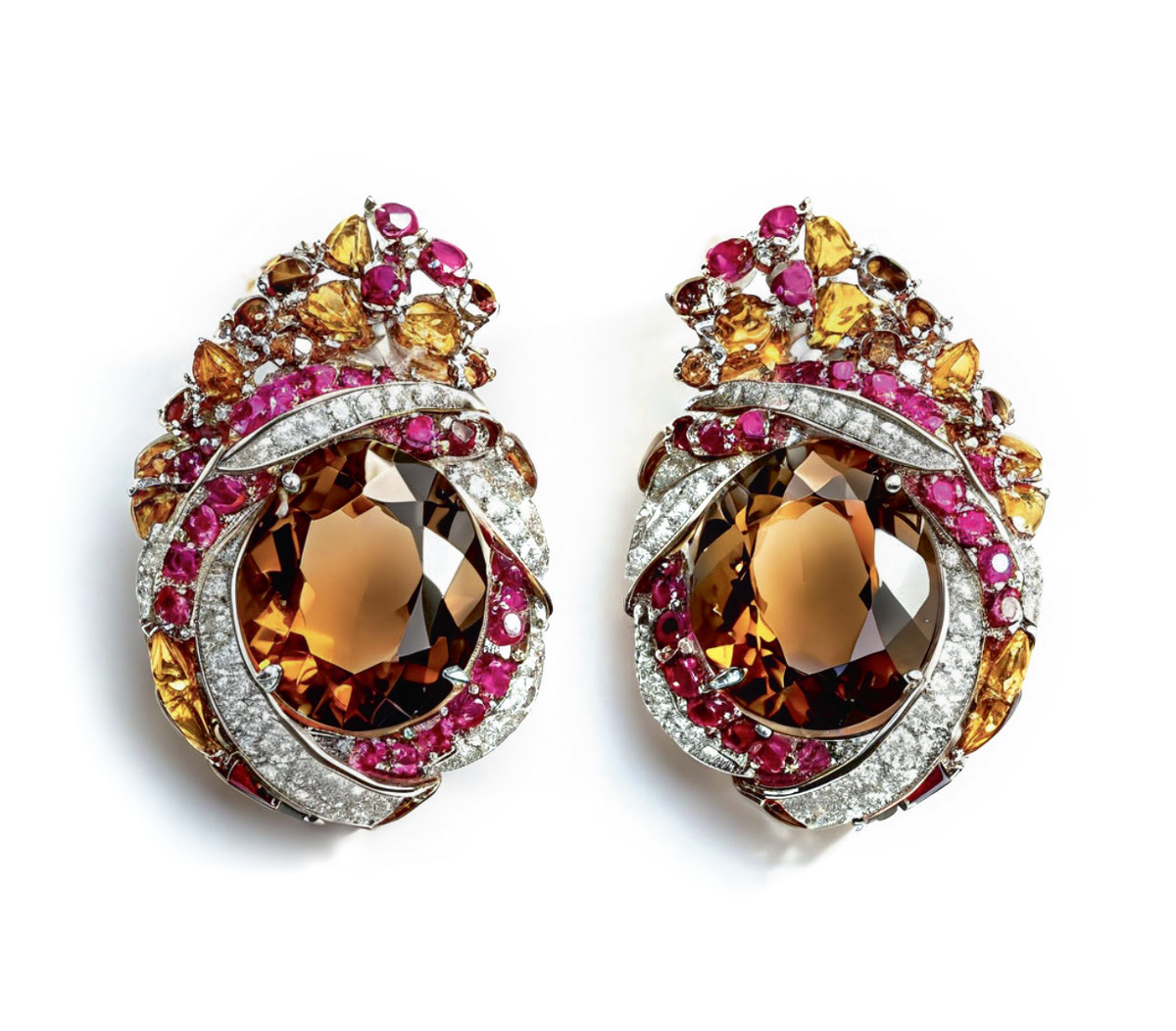 Серьги, цитрин, раухтопаз, рубин, сапфиры, золото