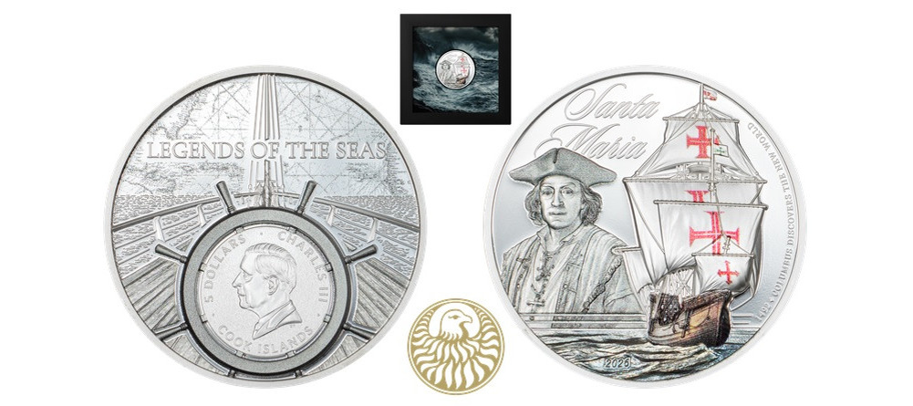    Серебряная монета Островов Кука 5 долларов Санта-Мария 2026 ультра-хай-рельеф