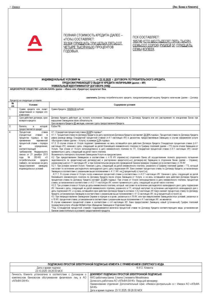 Кредитный договор в АО "Альфа-банк"