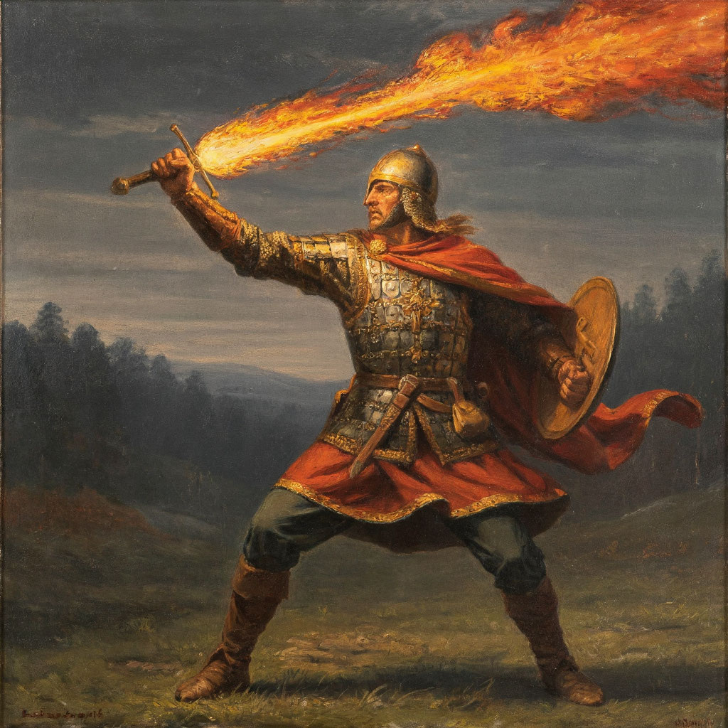 Русич в бою с окружающими его темными полевыми силами.