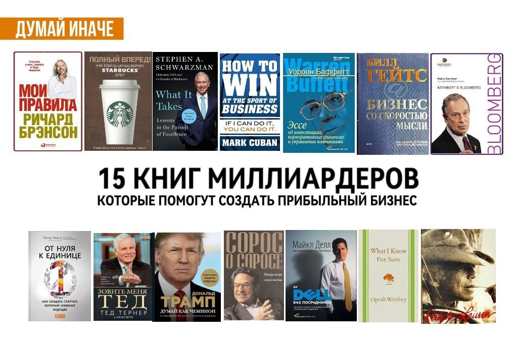 Ричард Брэнсон / Говард Шульц  / Стивен Шварцман / Марк Кьюбан /
Уоррен Баффет / Билл Гейтс / Майкл Блумберг  / Питер Тиль / Тед Тернер  / Дональд Трамп /
Джордж Сорос / Майкл Делл  / Опра Уинфри / Ральф Лорен / Чарльз Шваб 