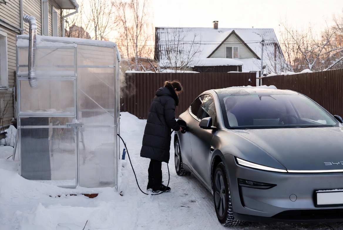 «Тверь, январь 2025. “Мини-теплица” для зарядки — решение владельца BYD Dolphin. Температура внутри: +6°C при –29°C на улице»