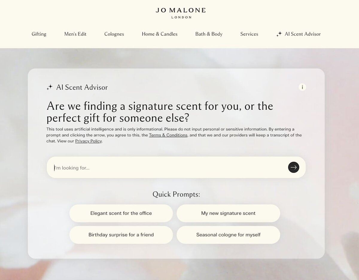 Jo Malone London показывает ИИ-консультанта по парфюмам на своем сайте Фото: Happi