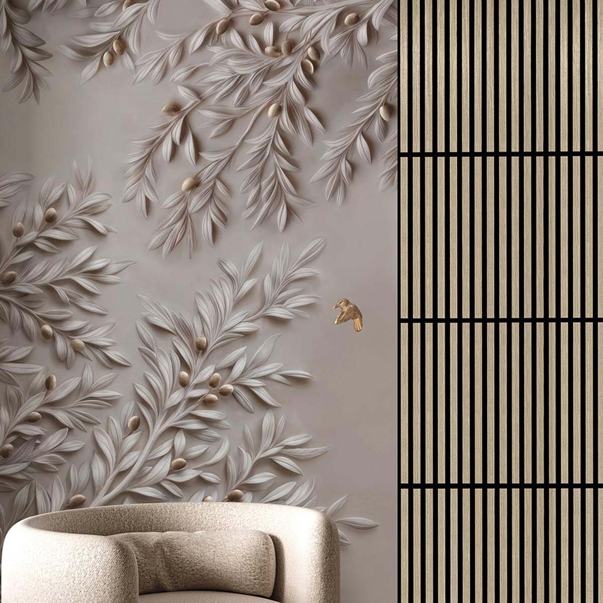 Пример отделки стены в сочетании флизелиновых фотообоев и акустических панелей VEROL. Артикул на WB: 446719666//276789436.