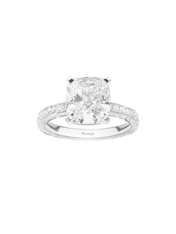 Кольцо Mercury Classic из белого золота с бриллиантами на шинке и центральным бриллиантом огранки кушон