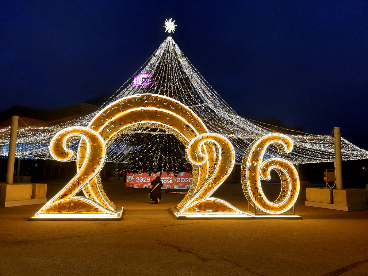 Новогодняя Москва 2026. Световой тоннель-портал «Павлин» у цирка на проспекте Вернадского.