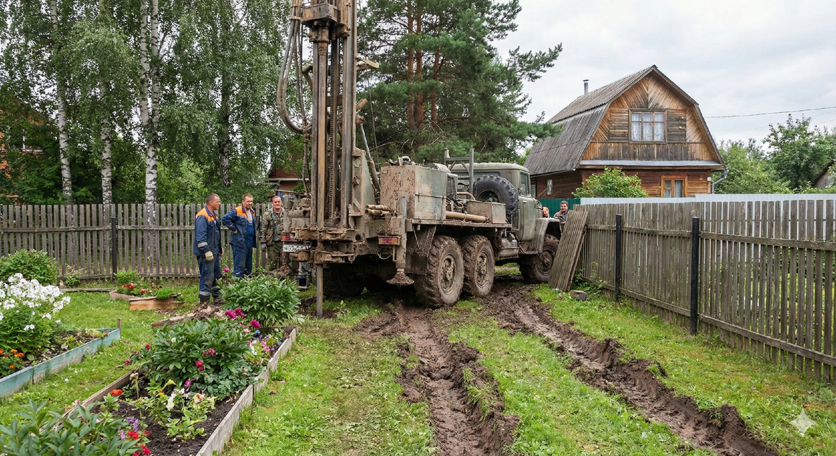 Колея от буровой машины на влажной почве