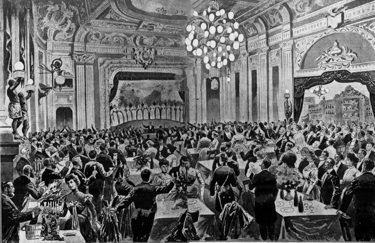 С. Мухарский. Встреча нового года в ресторане Яр. Исполнение оркестром и хором русского народного гимна. Из газеты Московский листок, 1901