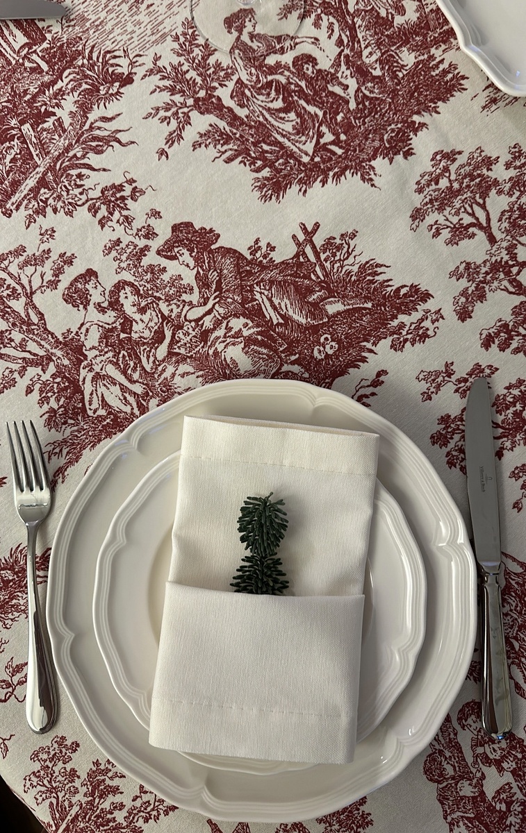 Скатерть Туаль Де Жуи и белая посуда