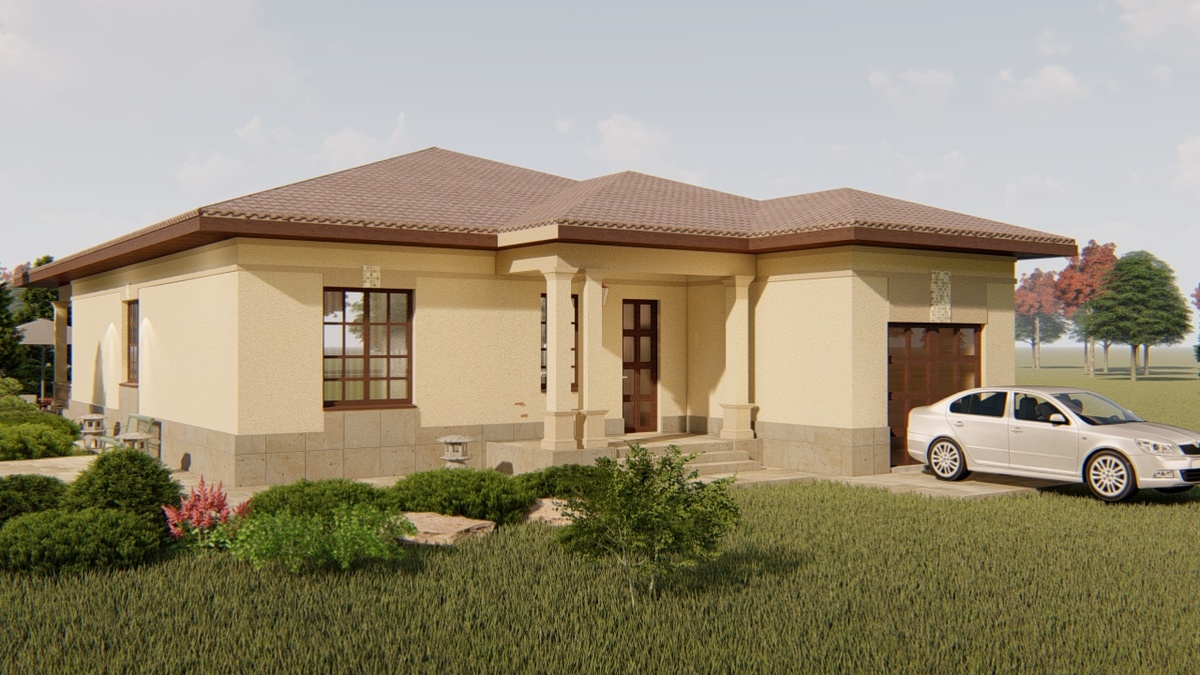 Дом в классическом средиземноморском стиле, в современной трактовке. В отделке совмещены камень (цоколь), штукатурка, и стилизованные ордерные детали.