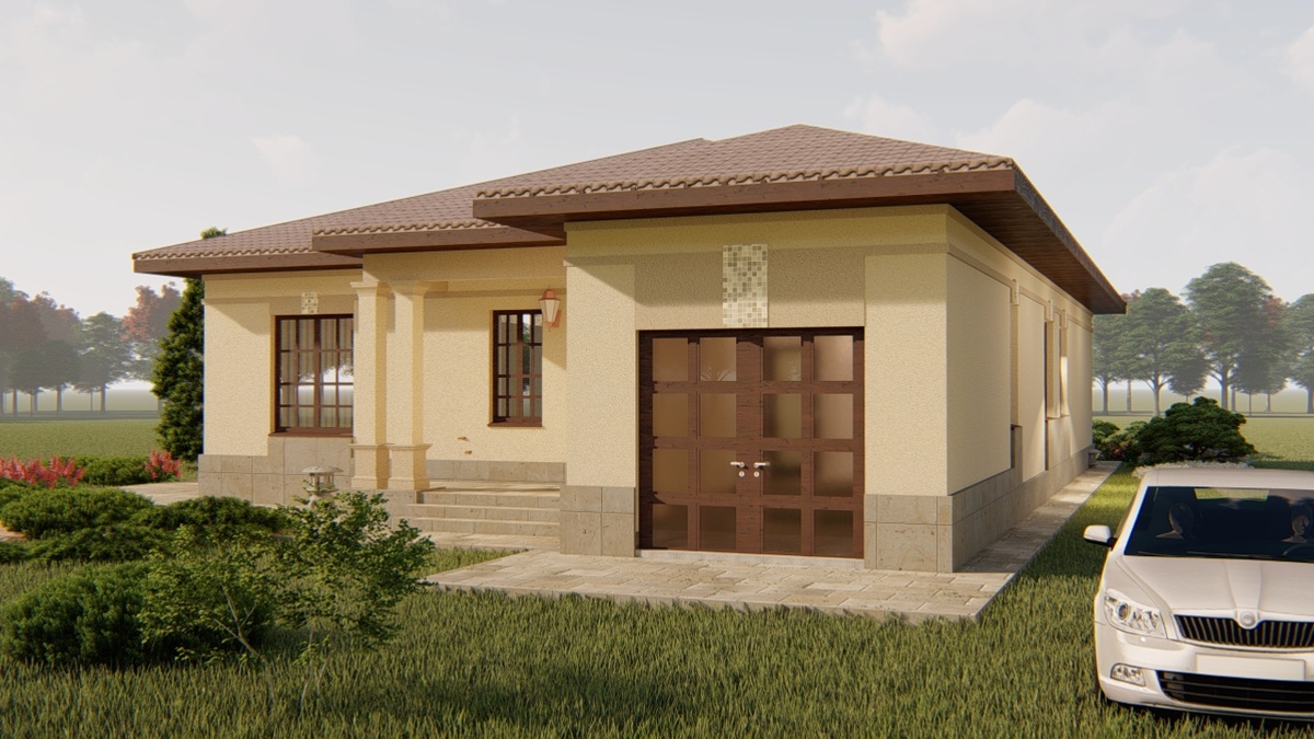 Дом в классическом средиземноморском стиле, в современной трактовке. В отделке совмещены камень (цоколь), штукатурка, и стилизованные ордерные детали.