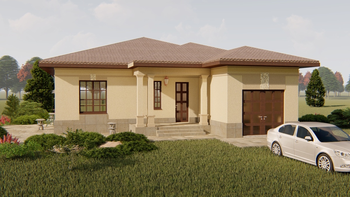 Дом в классическом средиземноморском стиле, в современной трактовке. В отделке совмещены камень (цоколь), штукатурка, и стилизованные ордерные детали.