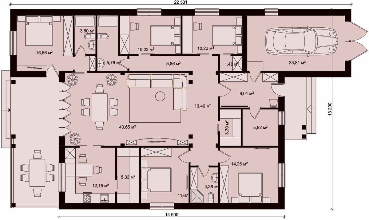 В типовом варианте проекта, справа от входа - три спальни, одна (главная) - со своим санузлом и выходом на террасу. Слева - две детских или гостевых комнаты с общей душевой и кухня с большой кладовой. Дом удобен для ведения хозяйства - есть две кладовые, котельная и гараж.