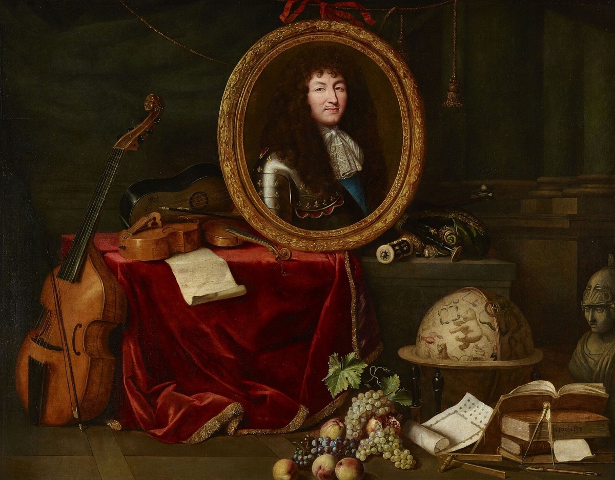 Людовик XIV в окружении атрибутов искусства и науки (Жан Гарнье). Взято здесь: https://en.chateauversailles.fr/discover/resources/versailles-and-royal-court#power-and-glory