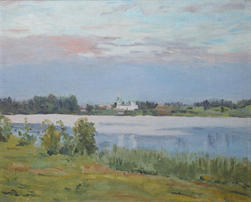     И. И. Левитан, «Озеро Островно», 1895.    
Холст на картоне, масло. Справа внизу: И. Левитанъ.    
Собрание музея-заповедника А. П. Чехова «Мелихово»