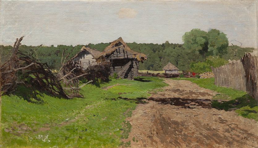    И. И. Левитан, «Въезд в деревню», 1884. Холст, масло.   
Справа внизу: И. Левитанъ.   
Собрание музея-заповедника В. Д. Поленова
