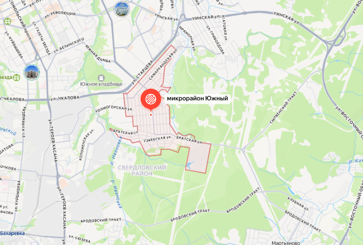 Микрорайон Южный с одной стороны буквально окружен лесом. Фото: Яндекс Карты