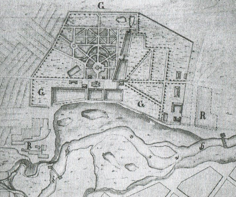 Рис. 1. Парк загородного архиерейского дома в Трехсвятском. Генплан. Фрагмент чертежа 1773 г. (Источник: Свод памятников архитектуры и монументального искусства России: Тверская область. Ч. 1 / Москва: Наука, 2002)