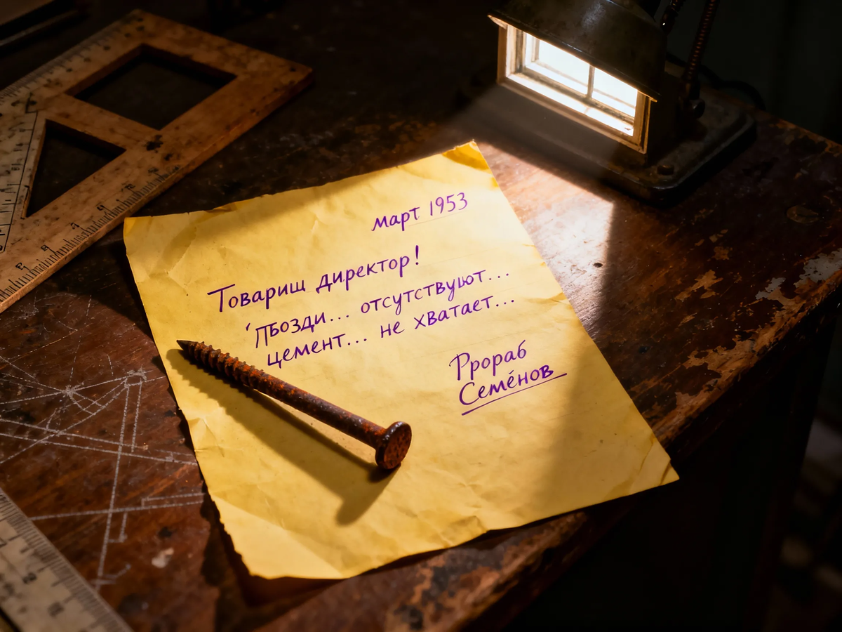 Март 1953 года. Страна замерла в ожидании перемен. А прораб Семёнов писал о гвоздях — потому что домкратом историю не поднимешь, если нет самого простого.