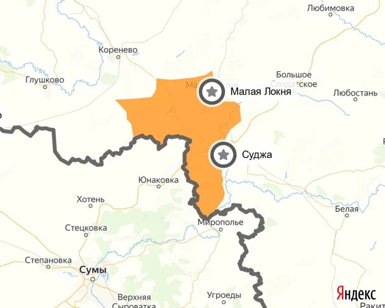 Обстановка в Курской области на 14 августа 2024 года. Фото: «Яндекс.Карты»