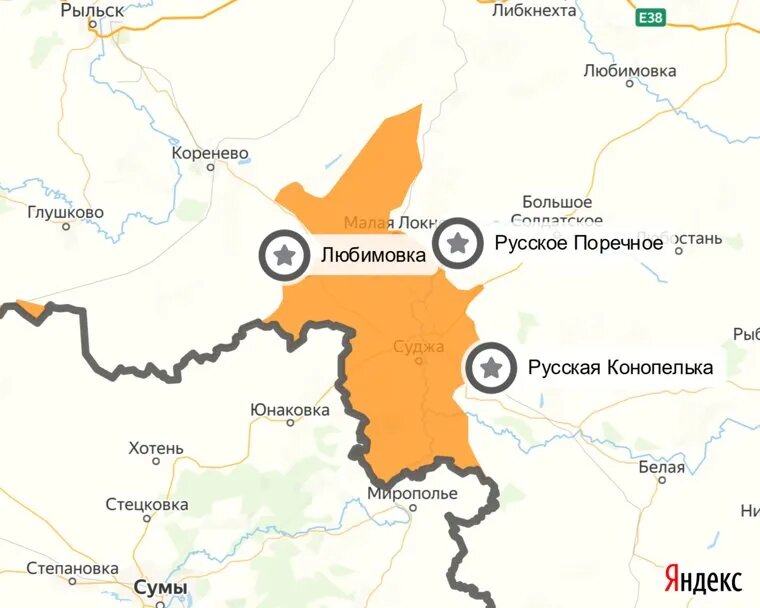 Обстановка в Курской области на 16 октября 2024 года. Фото: «Яндекс.Карты»