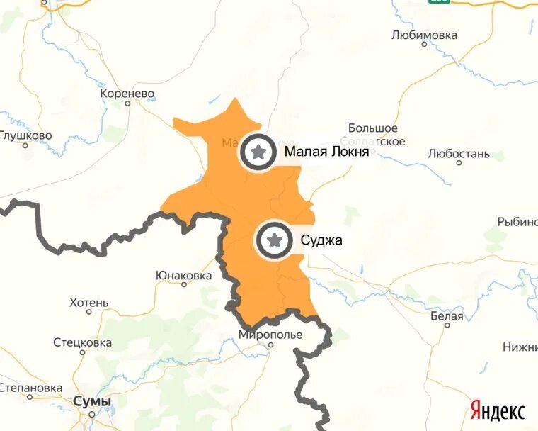 Обстановка в Курской области на 23 января 2025 года. Фото: «Яндекс.Карты»