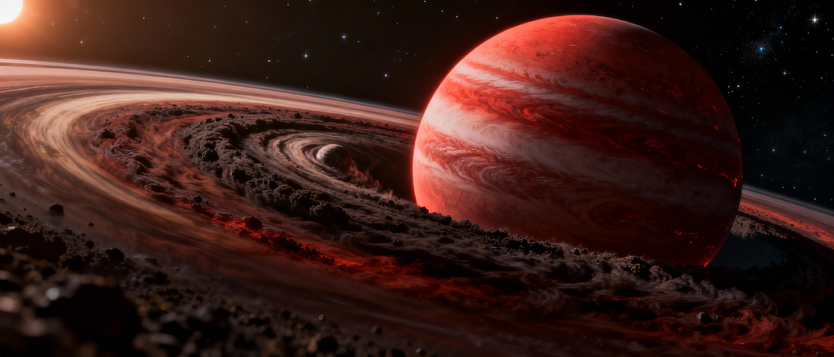 Научно обоснованная иллюстрация формирующейся экзолуны в околопланетном диске.