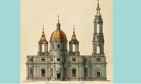 Третий Исаакиевский собор. Проект А. Ринальди, гравюра К.Ф. Сабат. Как видно, он вовсе не похож на нынешний храм. Этим собором планировали сохранить колокольню со второго храма по желанию Екатерины II. Но её затем приделали к восстанавливаемому нынешнему собору.