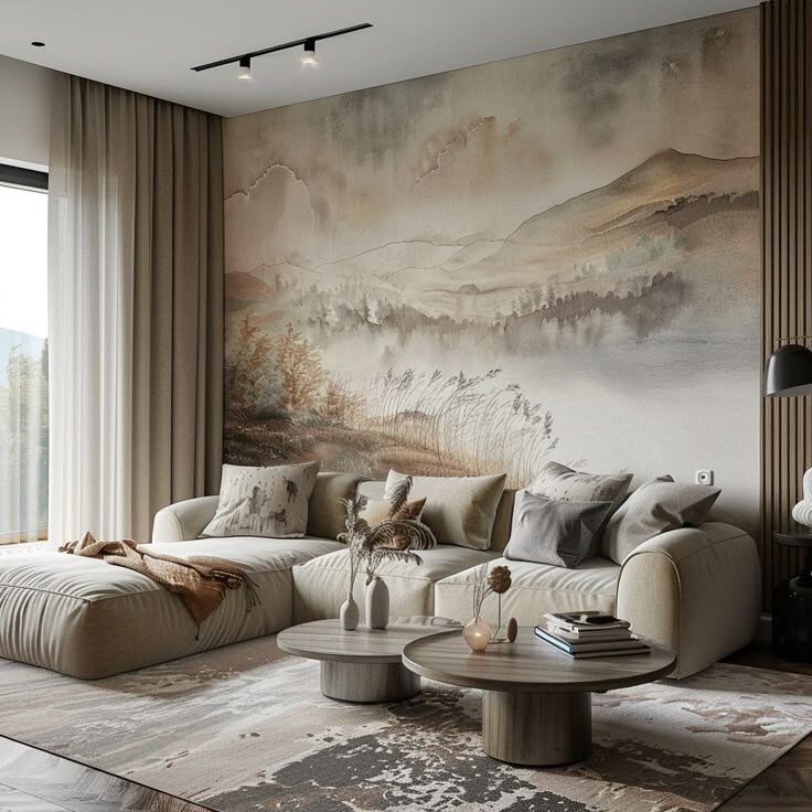 Спокойная, акварельная палитра объединяет интерьер и создаёт эффект глубины, превращая стену в панорамный вид