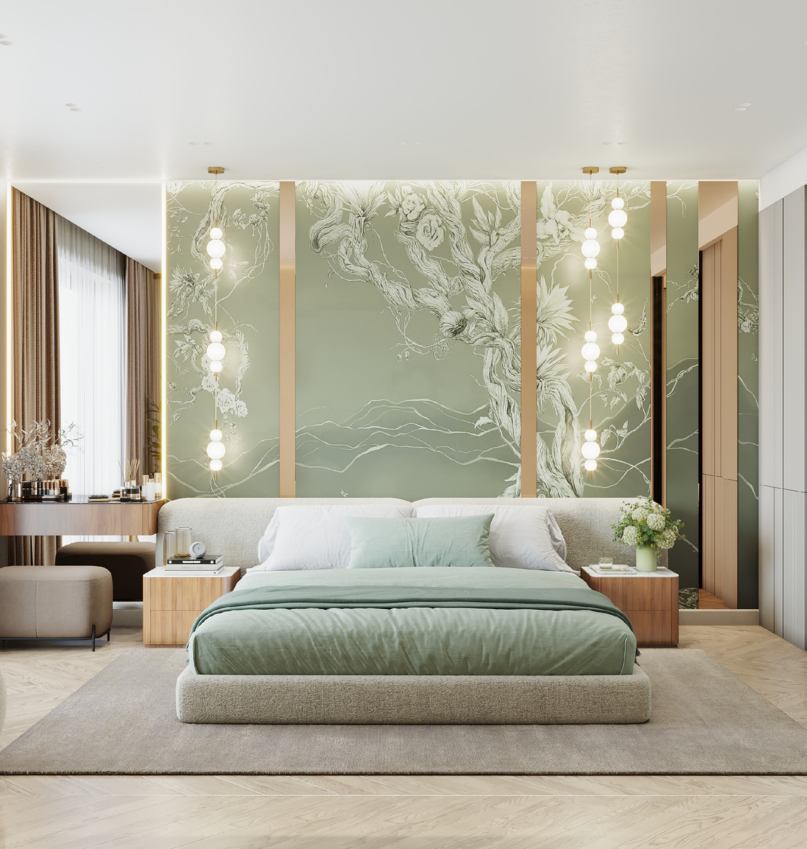 Графичный растительный мотив задаёт расслабленное настроение и мягко структурирует стену, создавая визуальный центр спальни без перегрузки.