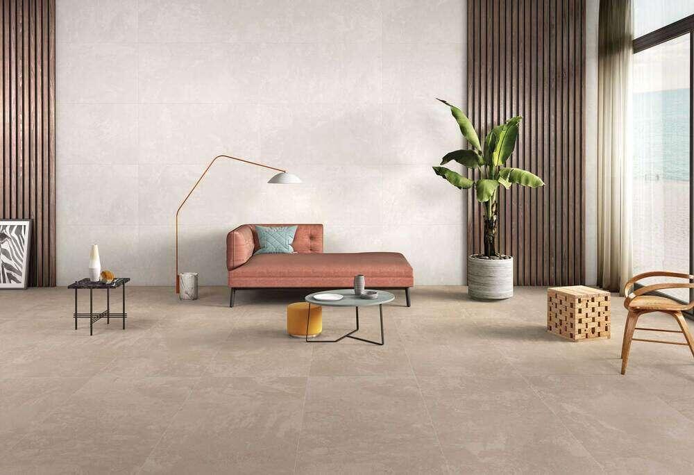 Современная гостиная с керамогранитом Colortile Stonella в светлых тонах