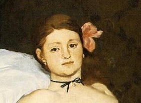 Эдуард  Мане, «Олимпия». Фрагмент. 1863 год. Холст, масло. 130,5 × 190 см. Музей Орсе, Париж, Франция. 