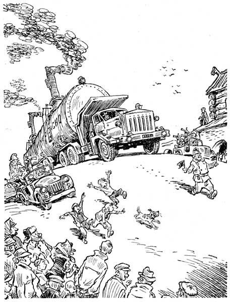 Огнедышащего дракона, согласно правилам техники безопасности, перевозят по городским улицам в специальной цистерне.