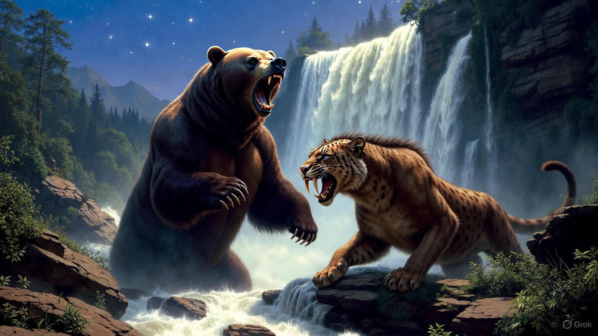 "Бой медведя и смилодона у Водопада говорящей воды", иллюстрация создана сетью Грок 