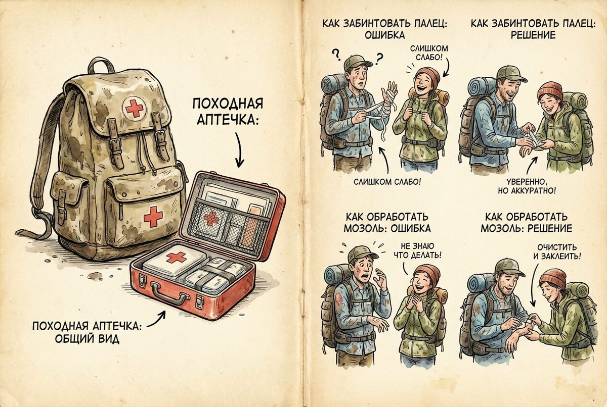 Аптечка для похода с медикаментами и первой помощью для семьи в горах