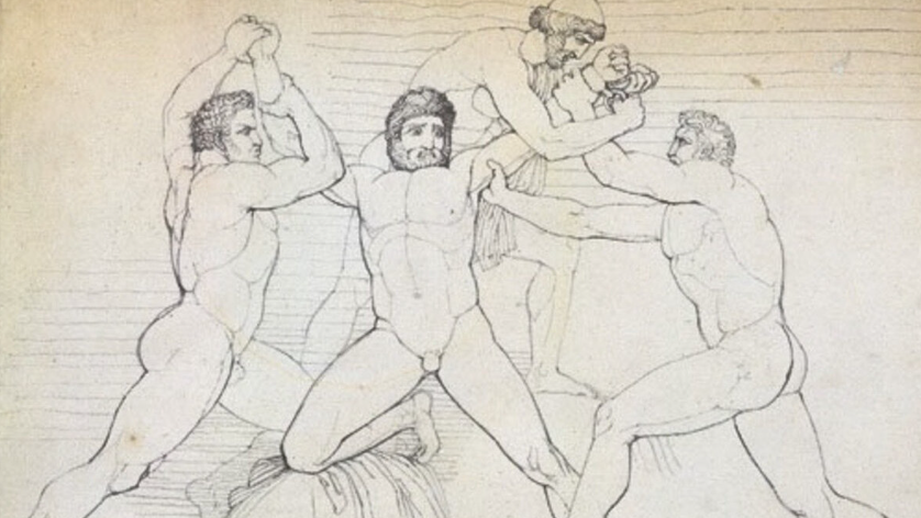 Иллюстрация переплёта «Прометея» Джона Флэксмана, впервые опубликованная в переводе Ричарда Порсона «Прометея Связанный» Эсхила в 1795 году. Прометей показан в центре, с Кратосом и Бией по обе стороны, удерживающими его, а Гефест позади приковывает цепями к склону горы. (интернет)