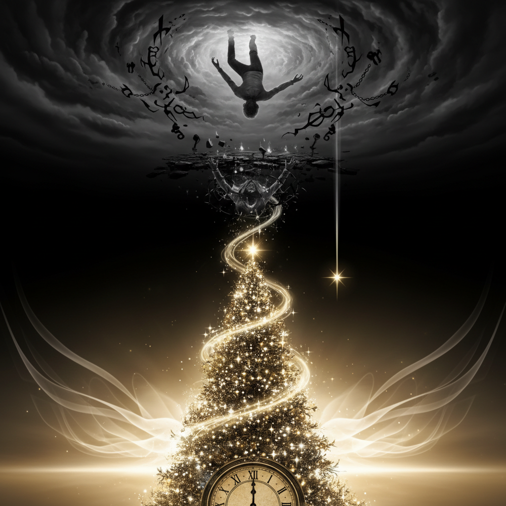 Циклическая вертикальная композиция: падение, отчаяние, возрождение через Рождество и свет (AI-сгенерировано)Сгенерировано нейросетью perplexity.ai