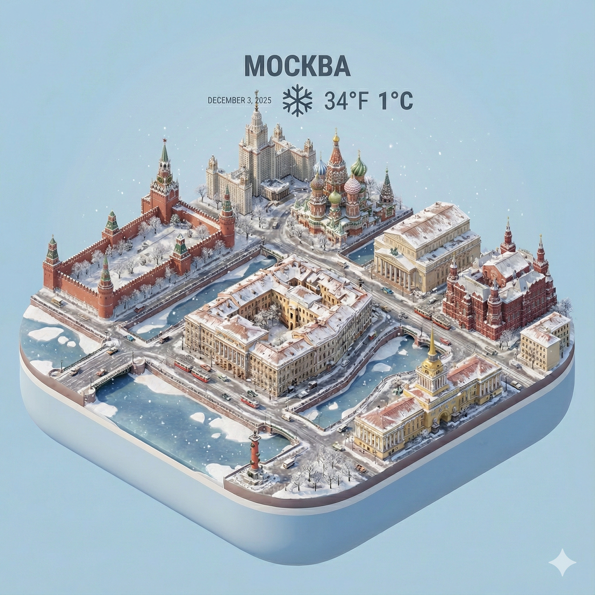 Мгновенная узнаваемость города. Промпт точно передаёт ключевые достопримечательности и архитектурные символы — зритель сразу понимает, что за город перед ним.