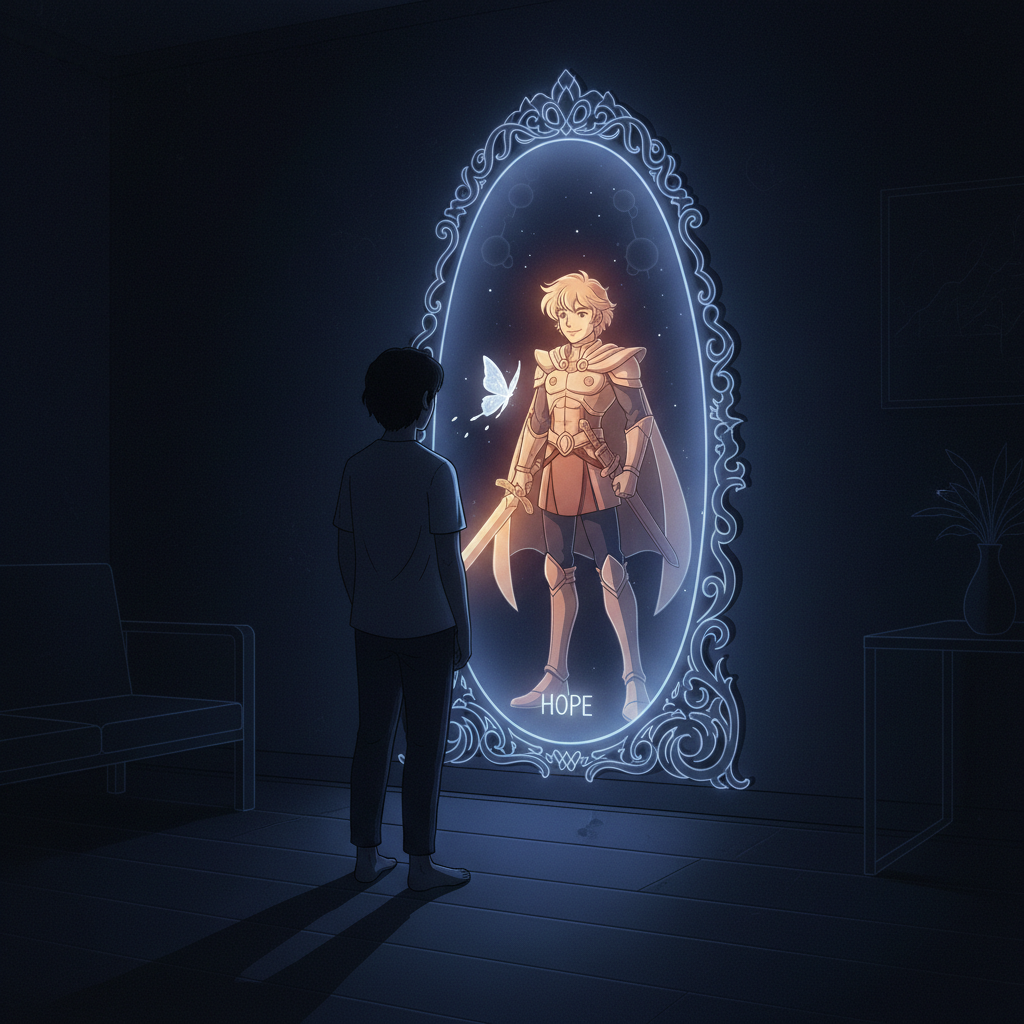 Человек в тёмной комнате видит в зеркале любимого персонажа вместо себя, сцена самопознания и символизма.  Сгенерировано нейросетью perplexity.ai